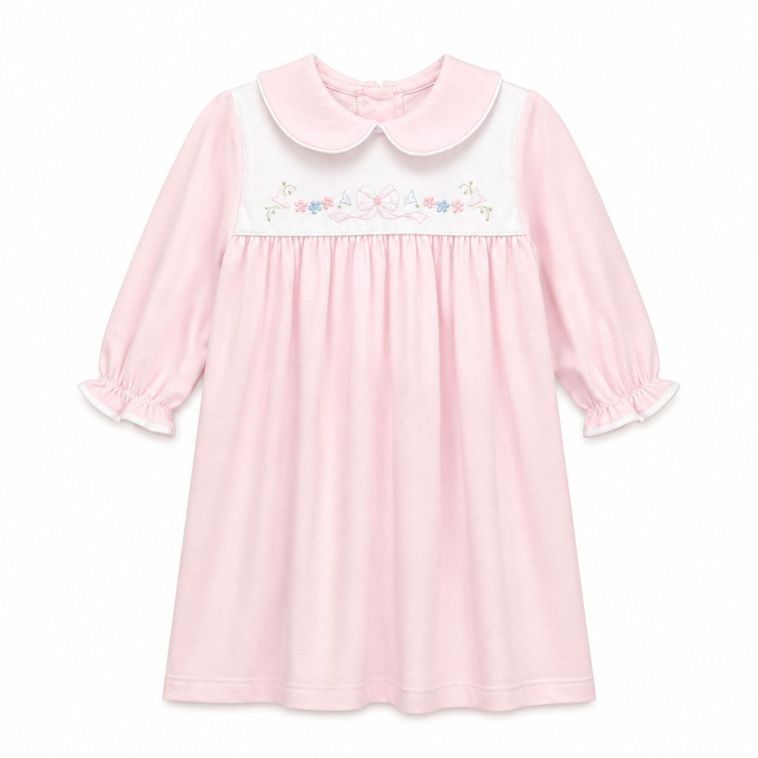 Long Sleeve Embroidered Collar Knit Dress - Pink Bow Girl Dress Auraluz 
