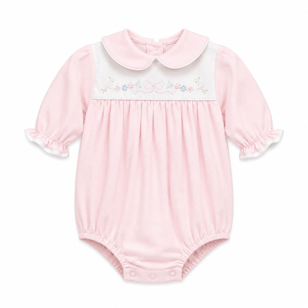 Long Sleeve Embroidered Knit Bubble - Pink Bow Girl Bubble Auraluz 