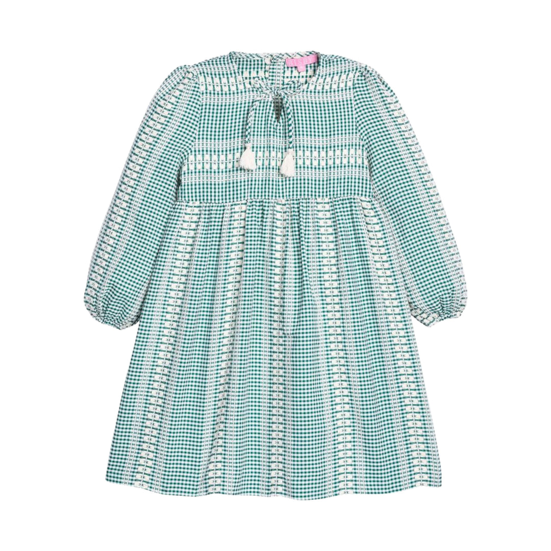 Long Sleeve Riviera Dress - Geneva Gingham Green Girl Dress Bisby 