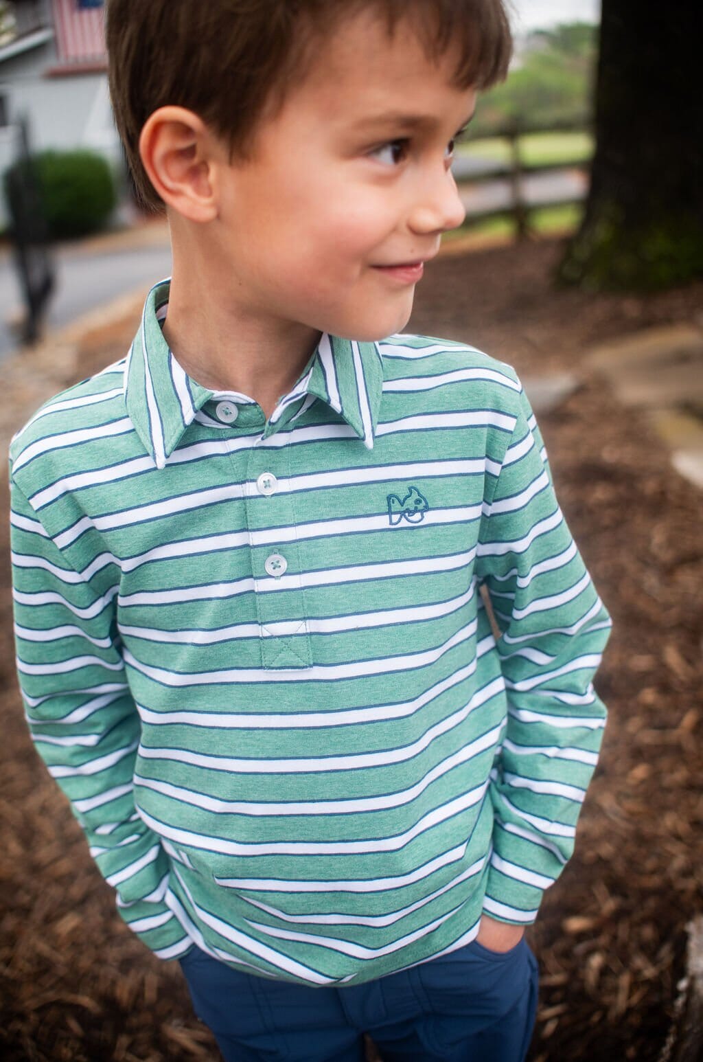 Long Sleeve Too Cool for School Polo - Frosty Spruce Dark Denim Stripe Boy Shirt Prodoh 