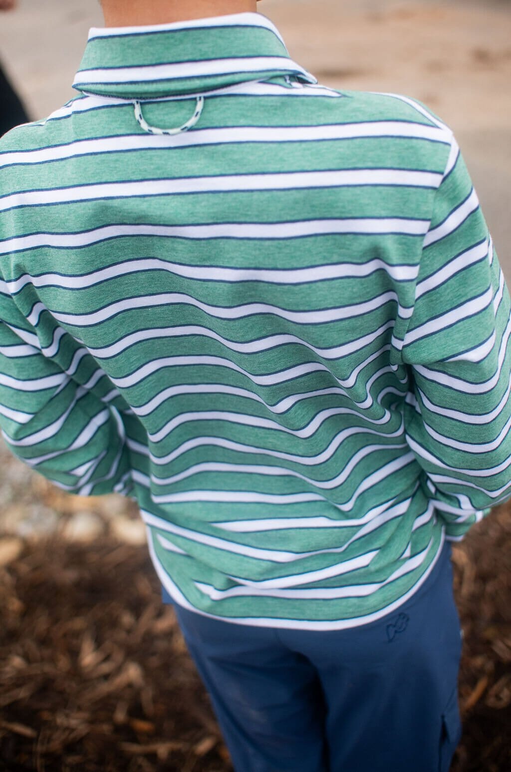 Long Sleeve Too Cool for School Polo - Frosty Spruce Dark Denim Stripe Boy Shirt Prodoh 