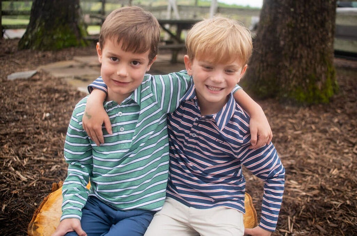 Long Sleeve Too Cool for School Polo - Frosty Spruce Dark Denim Stripe Boy Shirt Prodoh 
