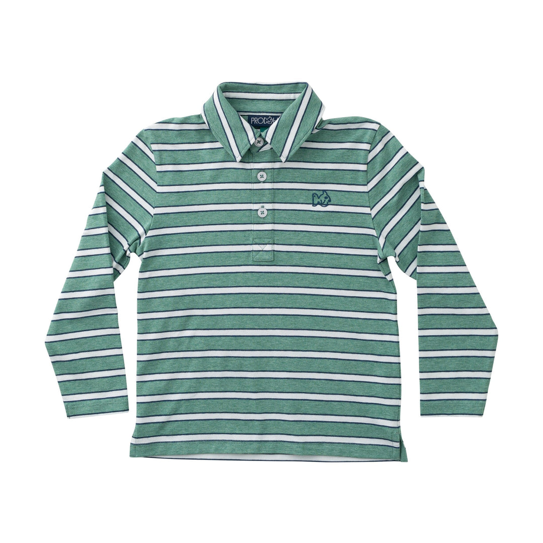 Long Sleeve Too Cool for School Polo - Frosty Spruce Dark Denim Stripe Boy Shirt Prodoh 