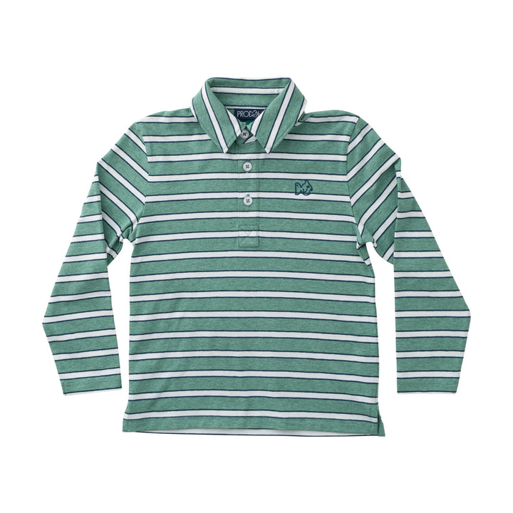 Long Sleeve Too Cool for School Polo - Frosty Spruce Dark Denim Stripe Boy Shirt Prodoh 
