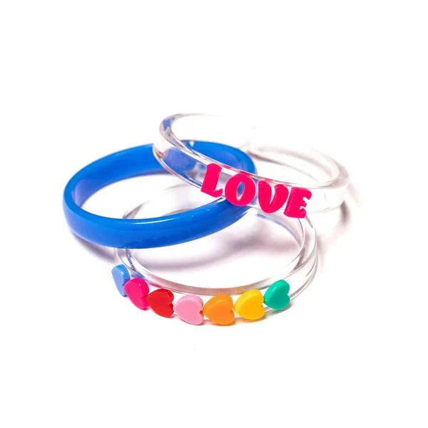 Love and Hearts Rainbow Blue Bangles Set of 3 Girl Bracelet Lilies and Roses 