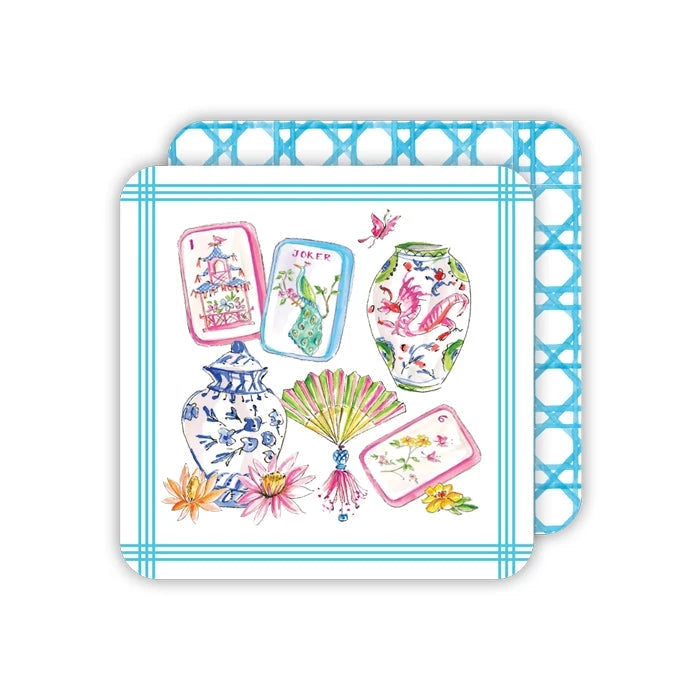 Mahjong Icons Pots Fan Tiles and Flowers Square Coasters Coasters Rosanne Beck 