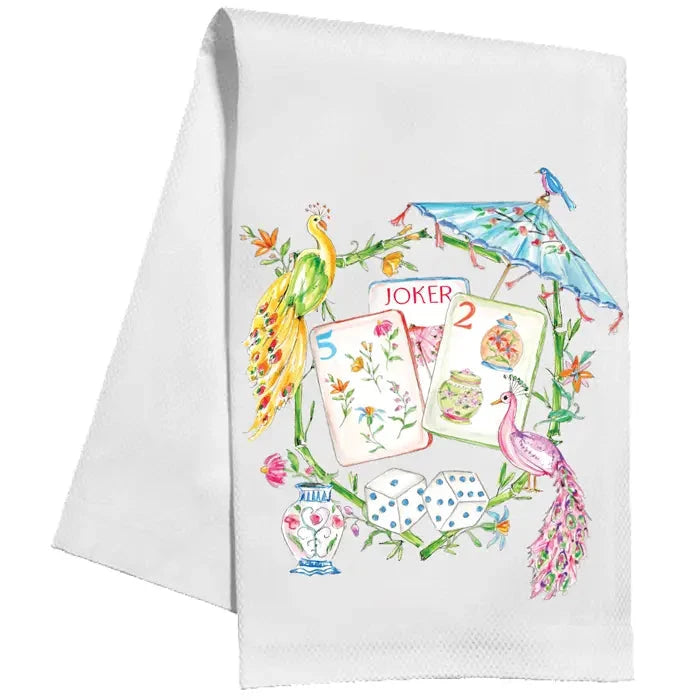 Mahjong Tiles, Colorful Peacocks & Umbrella Kitchen Towel Kitchen Towel Rosanne Beck 