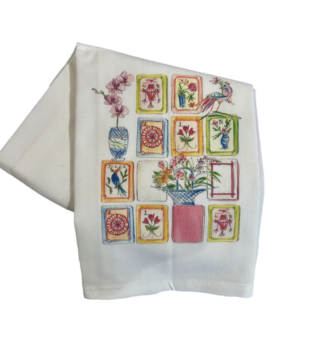 Mahjong Tiles with Birds and Flowers Kitchen Towel Kitchen Towel Rosanne Beck 
