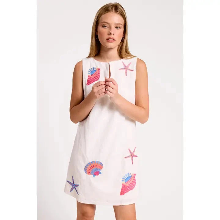 Marine Shell Embroidered Mini Dress Womens Dress UltraMarine 