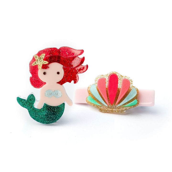 Mermaid Glitter Red Seashell Alligator Clips Girl Hair Accessory Lilies and Roses 