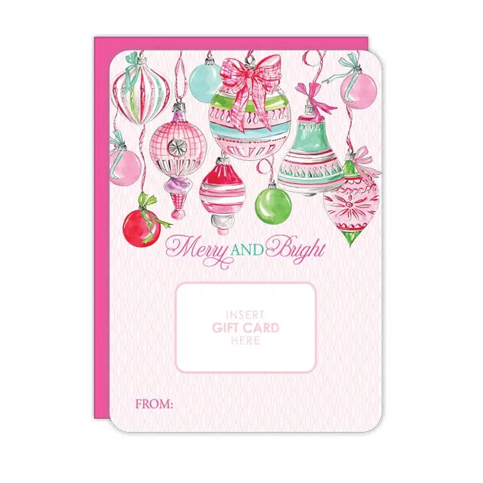Merry and Bright Pink and Green Ornaments Gift Card Greeting Card Gift Tags & Labels Rosanne Beck 