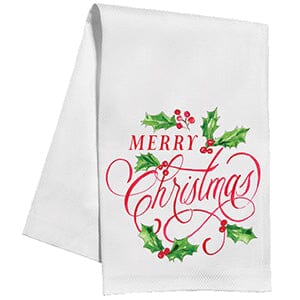Merry Christmas Holly and Berries Red and Green Kitchen Towel Kitchen Towel Rosanne Beck 