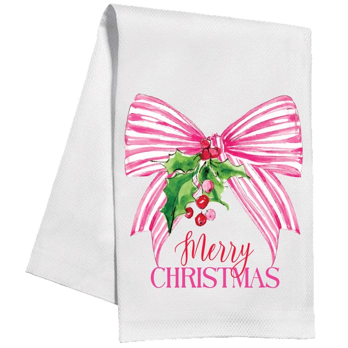 Merry Christmas Pink Striped Bow Kitchen Towel Kitchen Towel Rosanne Beck 