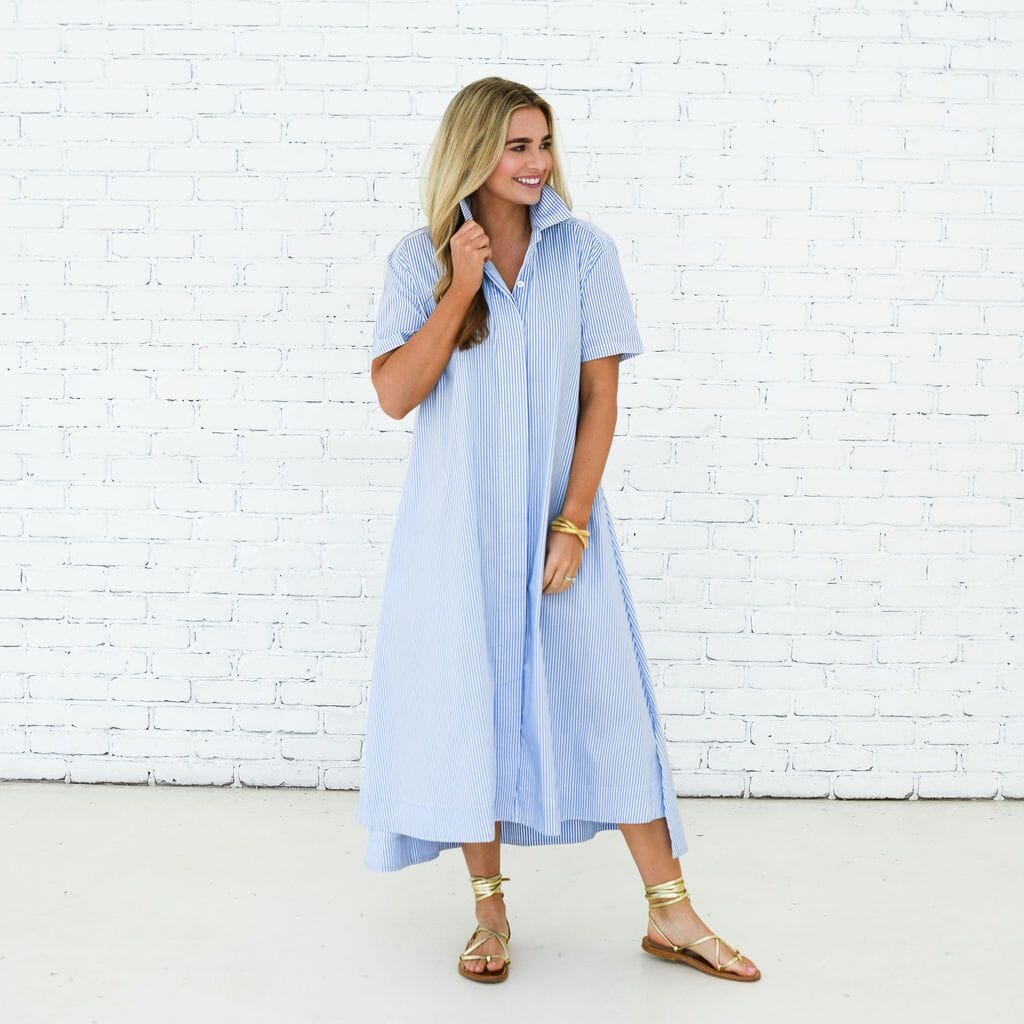 Millie Dress Long in Blue Stripe Womens Dress Caryn Lawn 