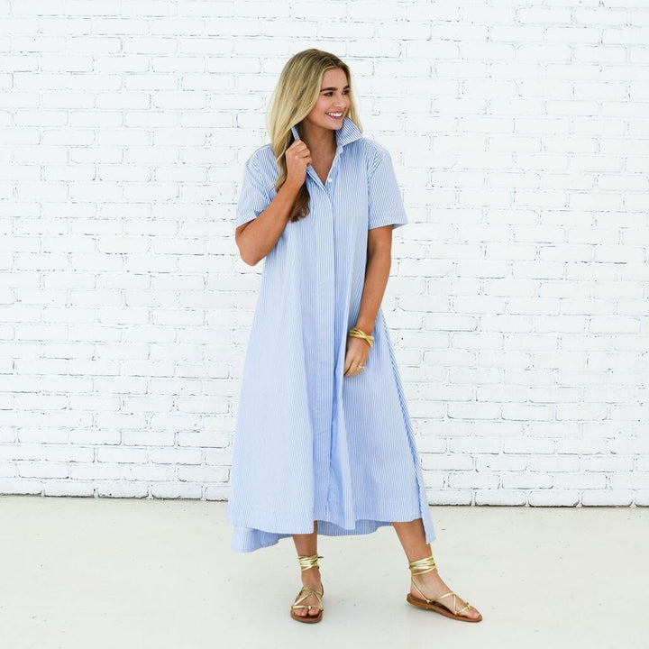 Millie Dress Long in Blue Stripe Womens Dress Caryn Lawn 