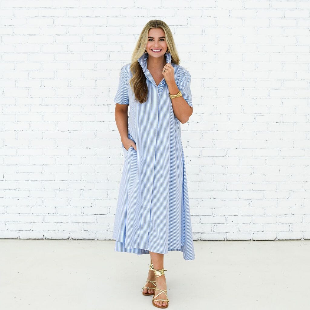 Millie Dress Long in Blue Stripe Womens Dress Caryn Lawn 