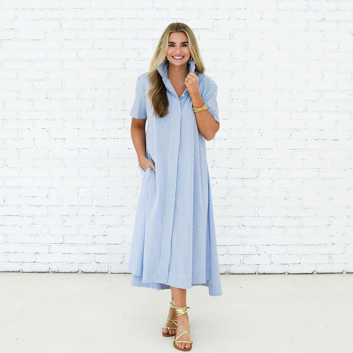 Millie Dress Long in Blue Stripe Womens Dress Caryn Lawn 
