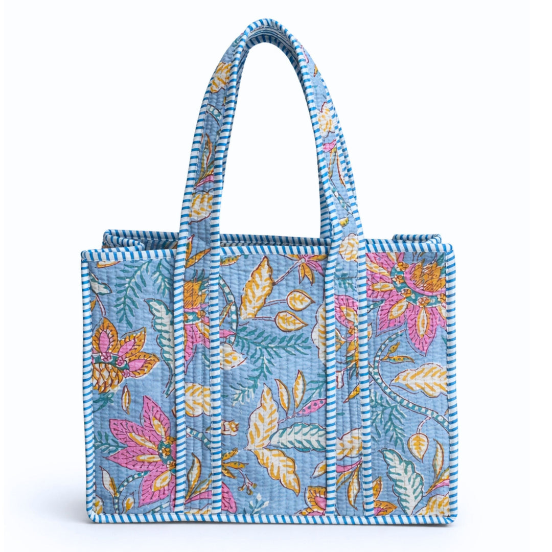 Mini Quilted Tote Bag- Blue Wildflower Tote Queens Designs 
