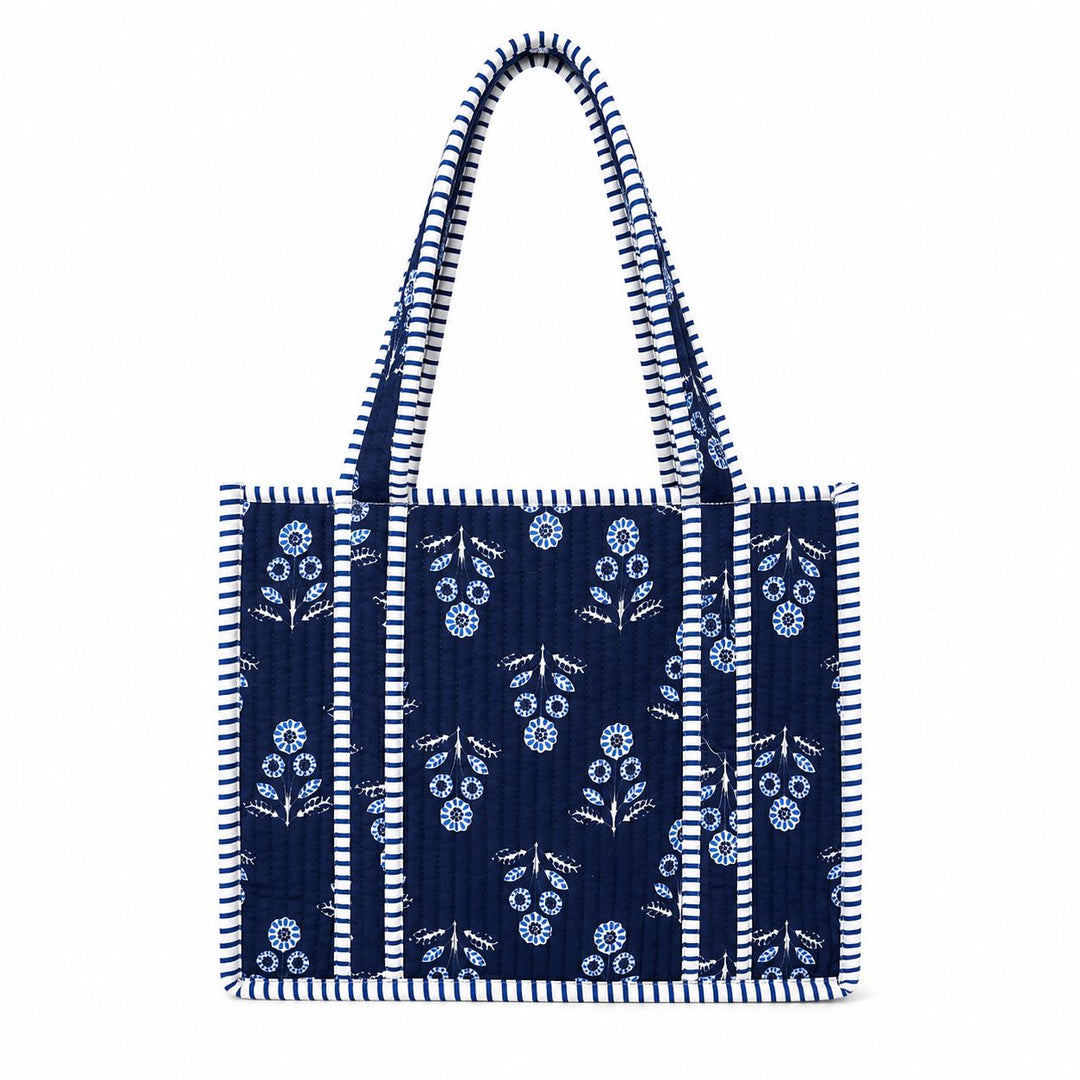 Mini Quilted Tote Bag - Navy Block Blossom Tote Queens Designs 