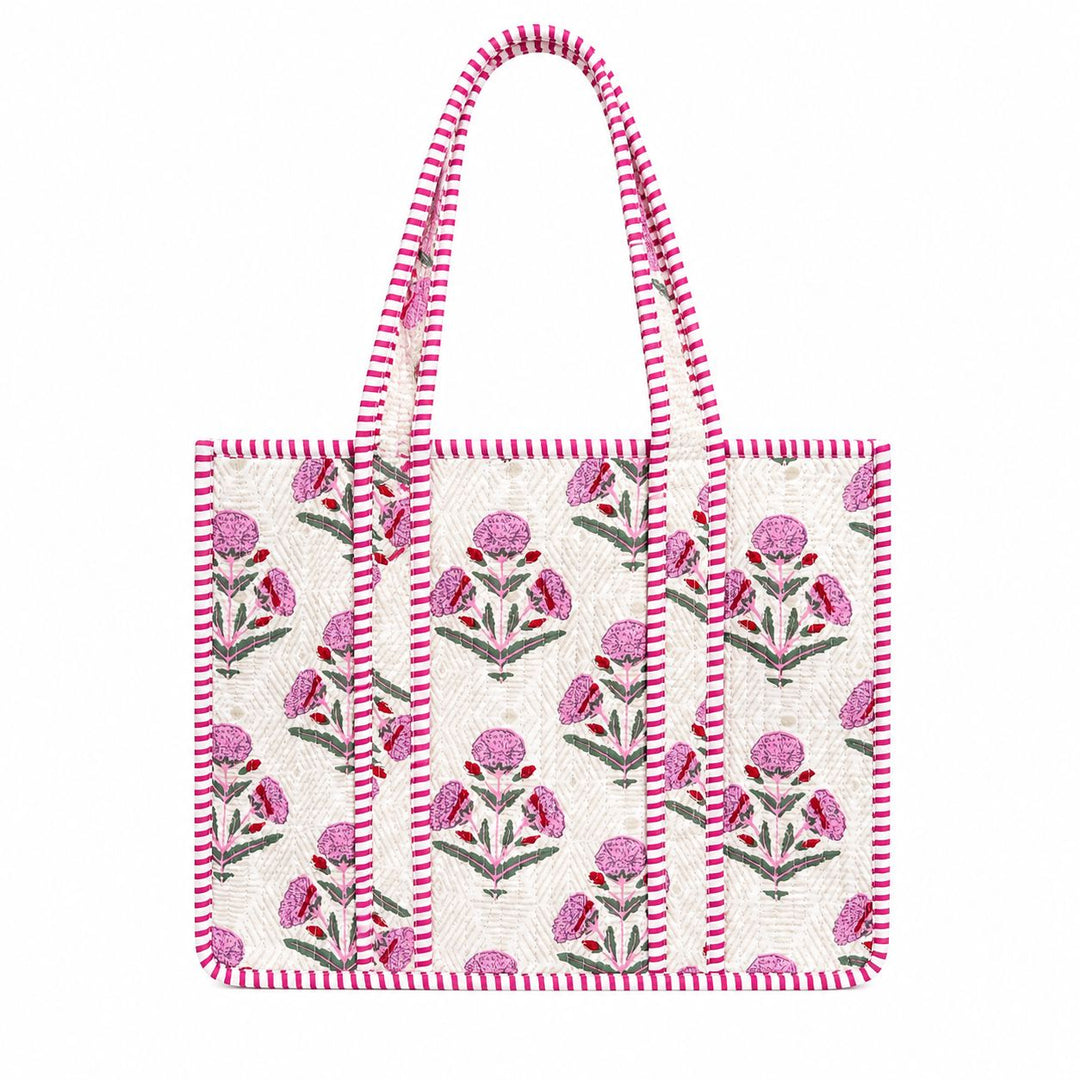 Mini Quilted Tote Bag - Peony Block Print Tote Queens Designs 