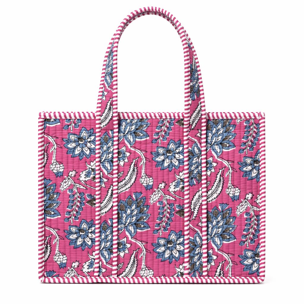 Mini Quilted Tote Bag- Pink Chinoiserie Floral Tote Queens Designs 