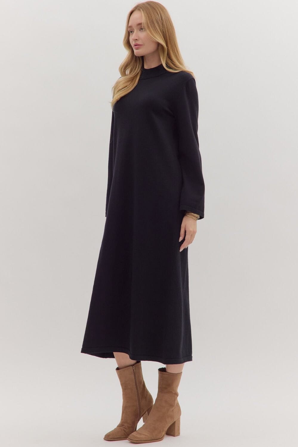 Mock Neck Long Sleeve Dress - Black Womens Dress Entro 