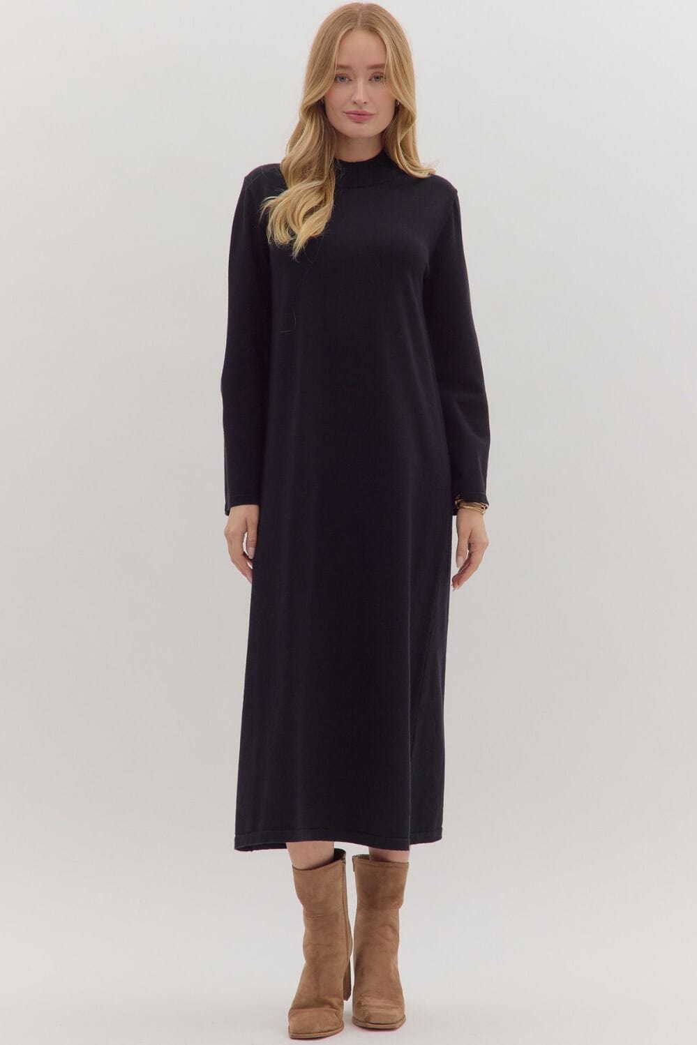Mock Neck Long Sleeve Dress - Black Womens Dress Entro 
