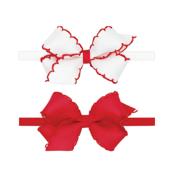 Moonstitch Grosgrain Bows on Nylon Band - Two Mini Girl Headband WeeOnes White and Red 