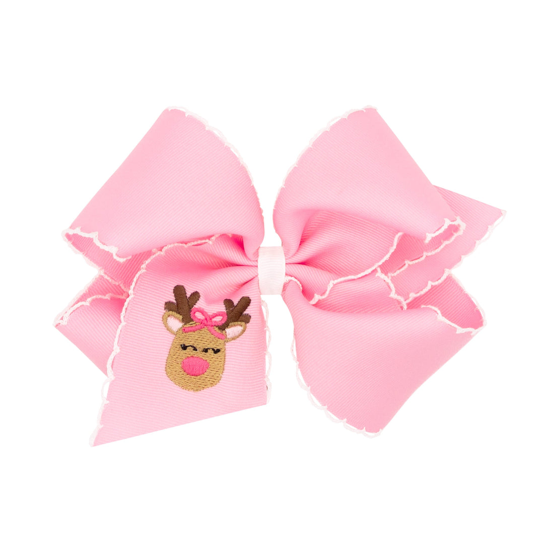 Moonstitch Pink Christmas Embroidery Bow - King Hair Bow WeeOnes 
