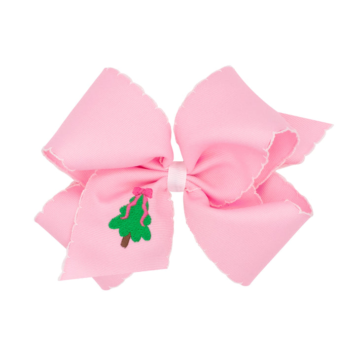 Moonstitch Pink Christmas Embroidery Bow - King Hair Bow WeeOnes Christmas Tree 