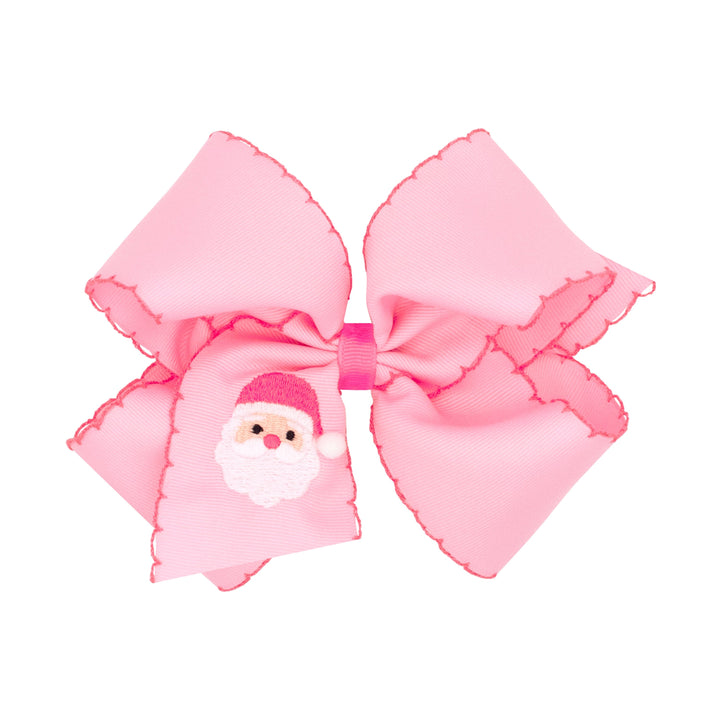 Moonstitch Pink Christmas Embroidery Bow - King Hair Bow WeeOnes Pink Pom Santa - Pink 