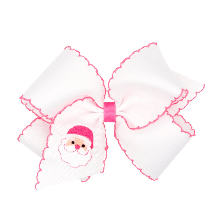 Moonstitch Pink Christmas Embroidery Bow - King Hair Bow WeeOnes Pink Pom Santa - White 