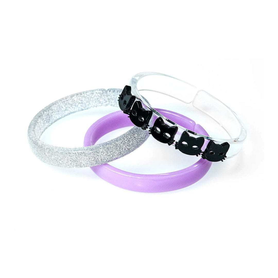 Multi Black Cat Silver Glitter Purple Bangle Set Girl Bracelet Lilies and Roses 