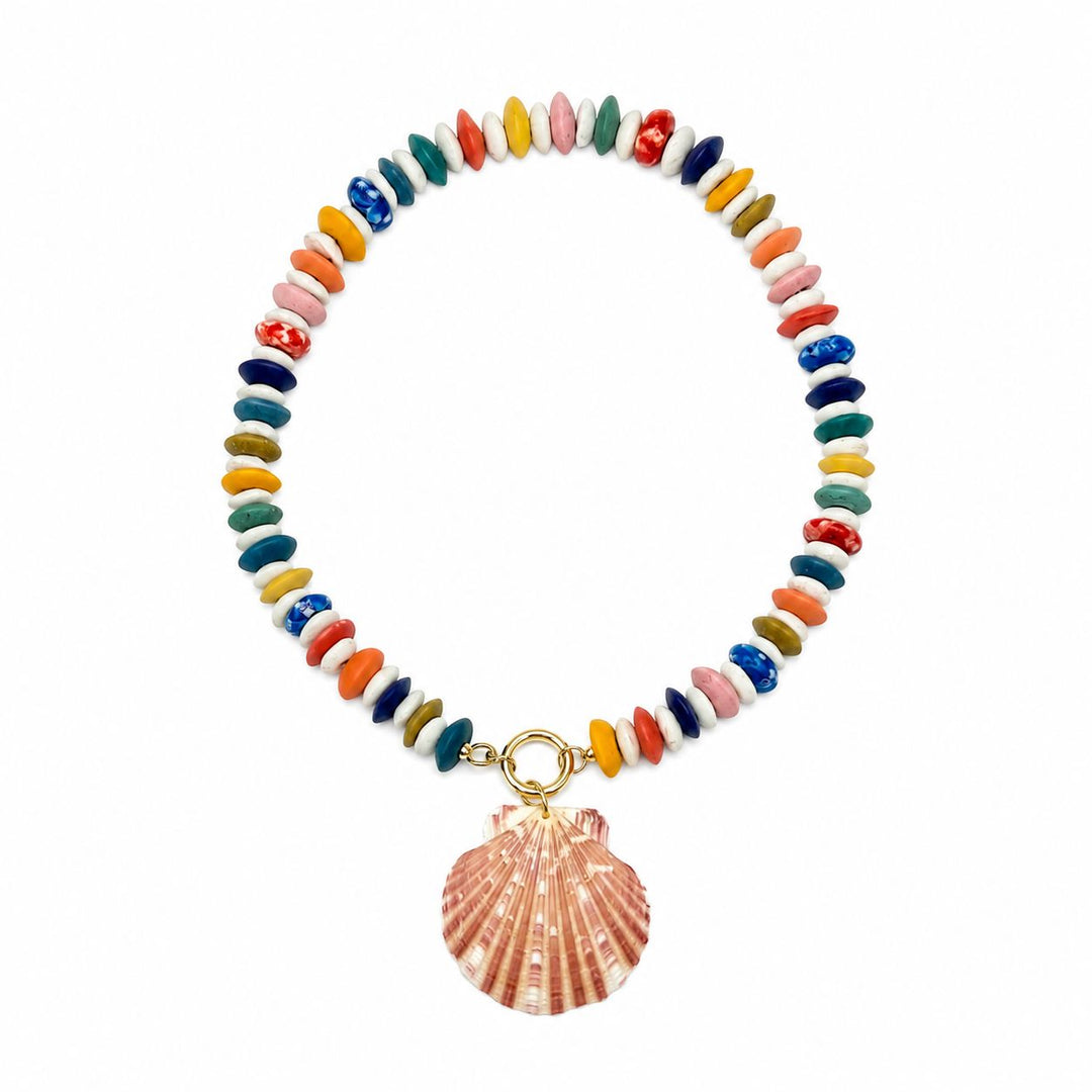 Multi Color African Beads with Flat Shell Necklace Womens Necklace Bellary 