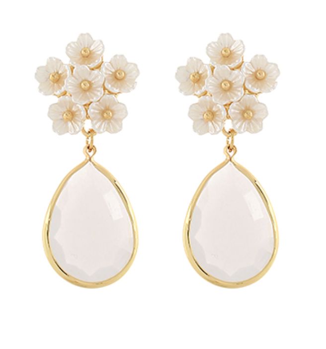 Multi Flower Teardrop Earrings Womens Earrings Golden Stella White Opal 