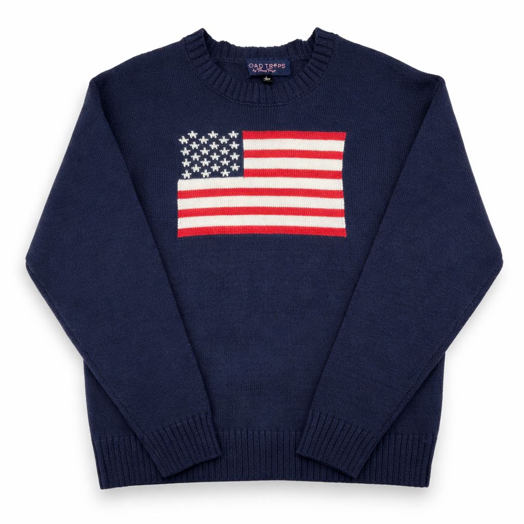 Navy American Flag Crewneck Sweater Womens Sweaters Road Trips 