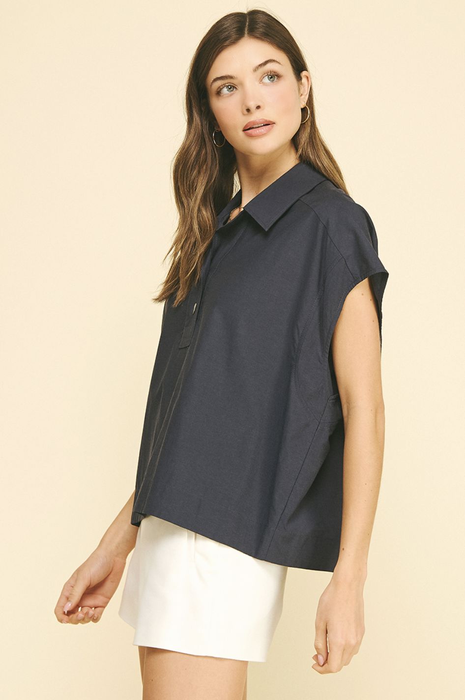 Navy Cap Sleeve Box Blouse Womens Shirt Pinch 
