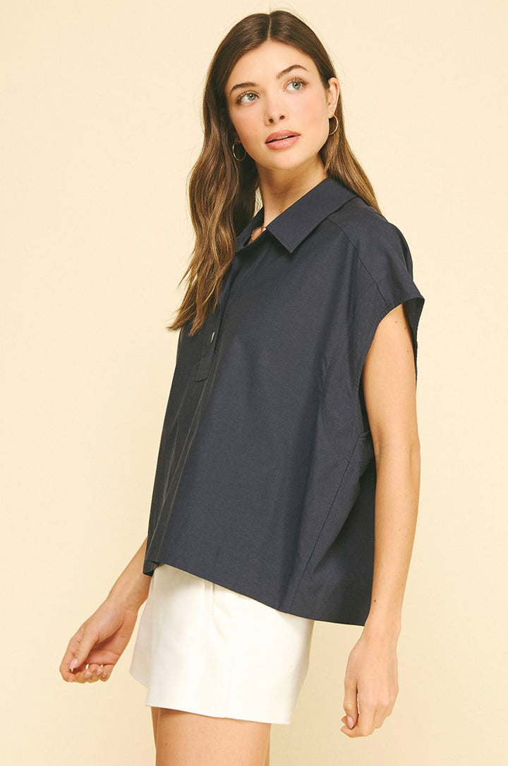 Navy Cap Sleeve Box Blouse Womens Shirt Pinch 