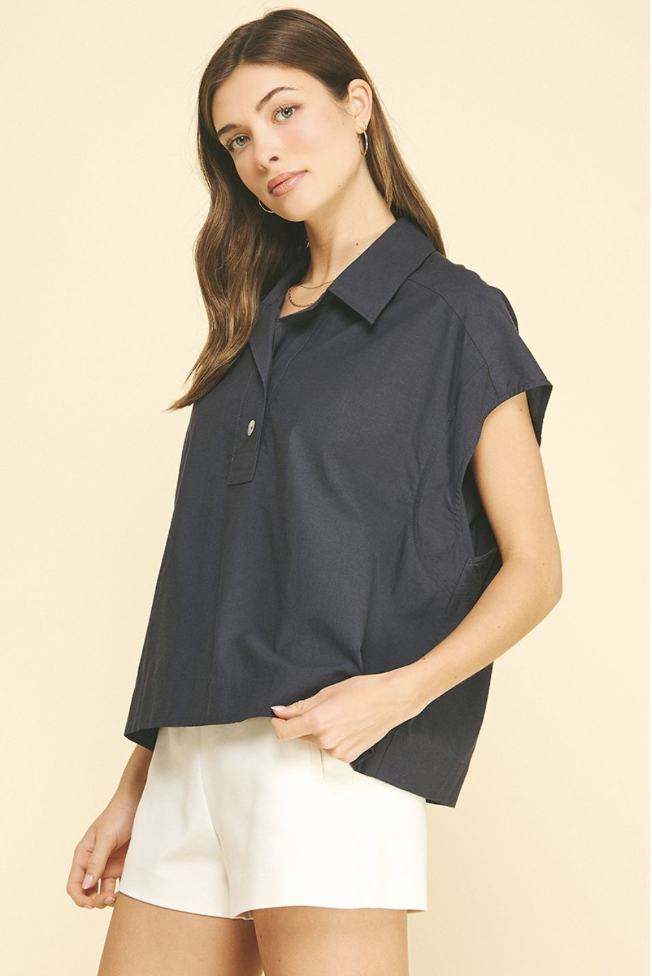 Navy Cap Sleeve Box Blouse Womens Shirt Pinch 