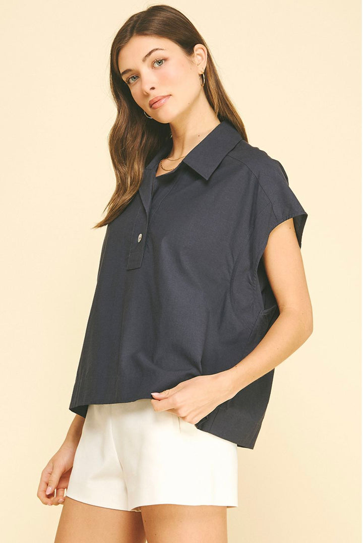 Navy Cap Sleeve Box Blouse Womens Shirt Pinch 