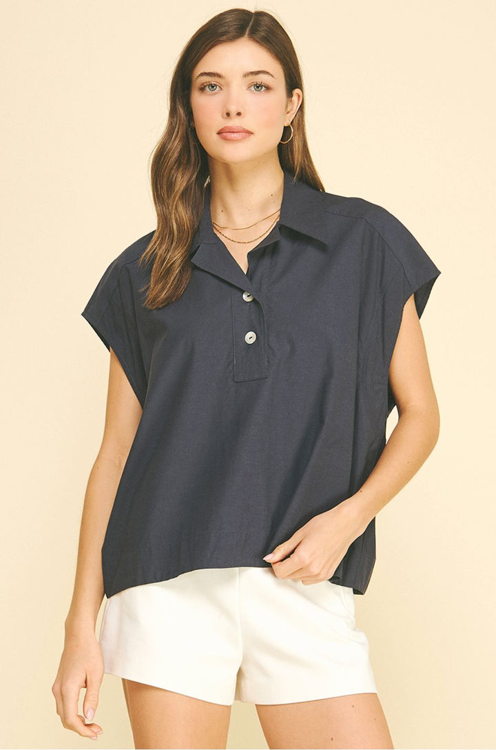 Navy Cap Sleeve Box Blouse Womens Shirt Pinch 