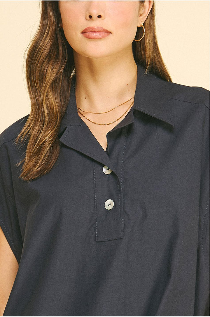 Navy Cap Sleeve Box Blouse Womens Shirt Pinch 