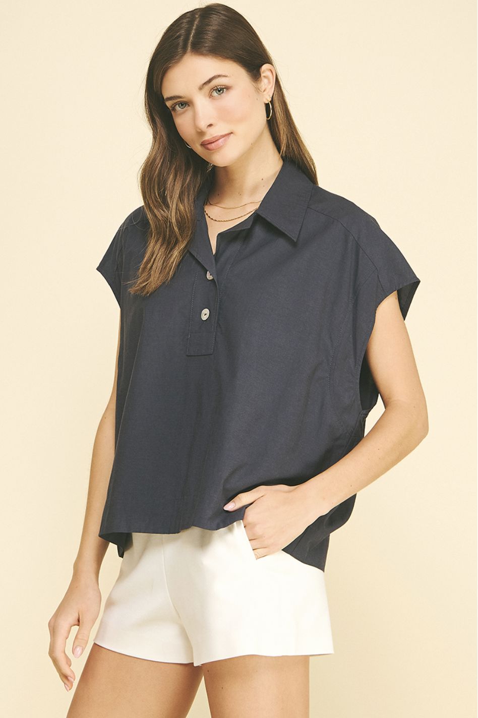 Navy Cap Sleeve Box Blouse Womens Shirt Pinch 