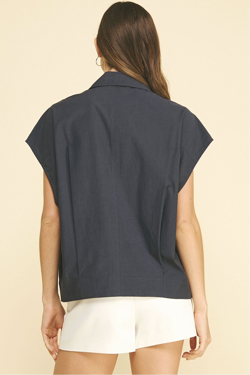 Navy Cap Sleeve Box Blouse Womens Shirt Pinch 
