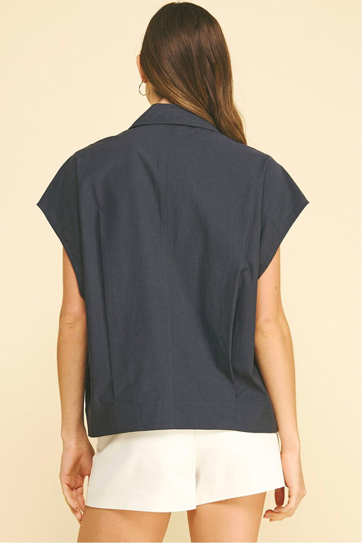 Navy Cap Sleeve Box Blouse Womens Shirt Pinch 