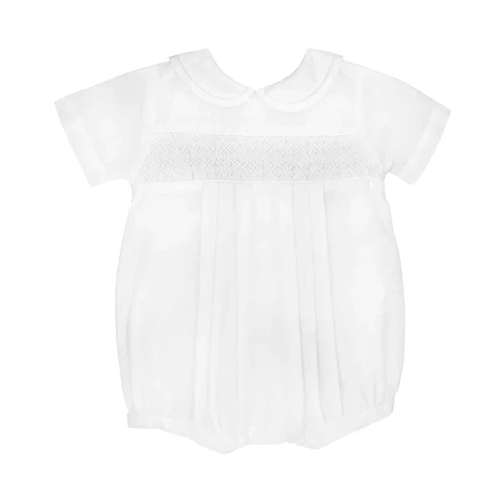 Newborn Smocked Blue Bubble - White Boy Bubble Petit Ami 