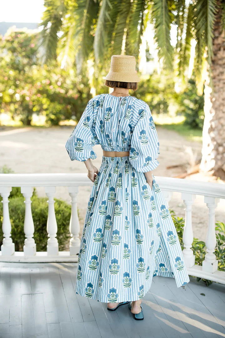 Newport Blue Stripe Skirt - Blue Green Flower Womens Skirts Maison Marigold 