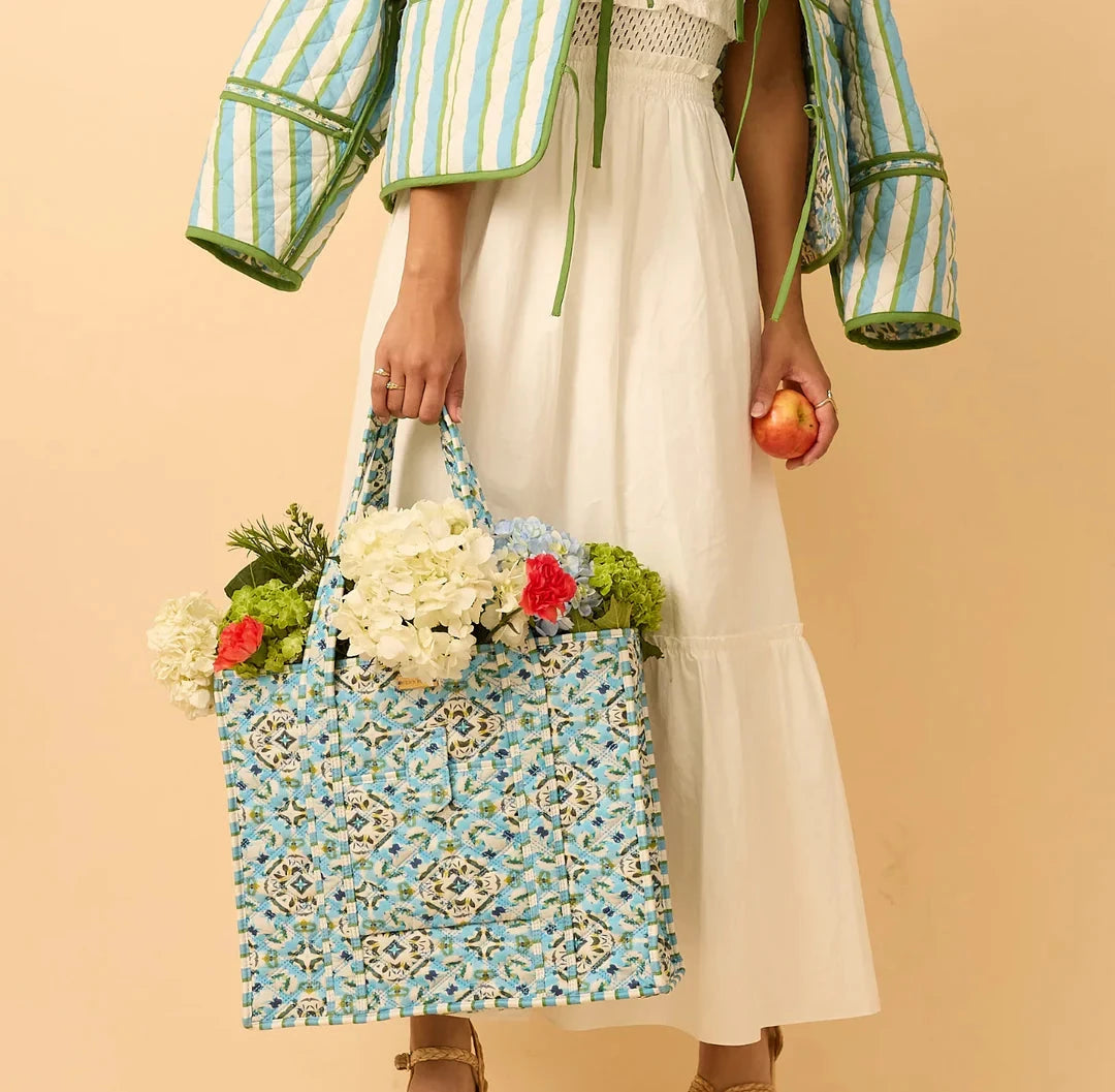 On the Road Quilted Tote - English Tile Tote Laura Park Design 