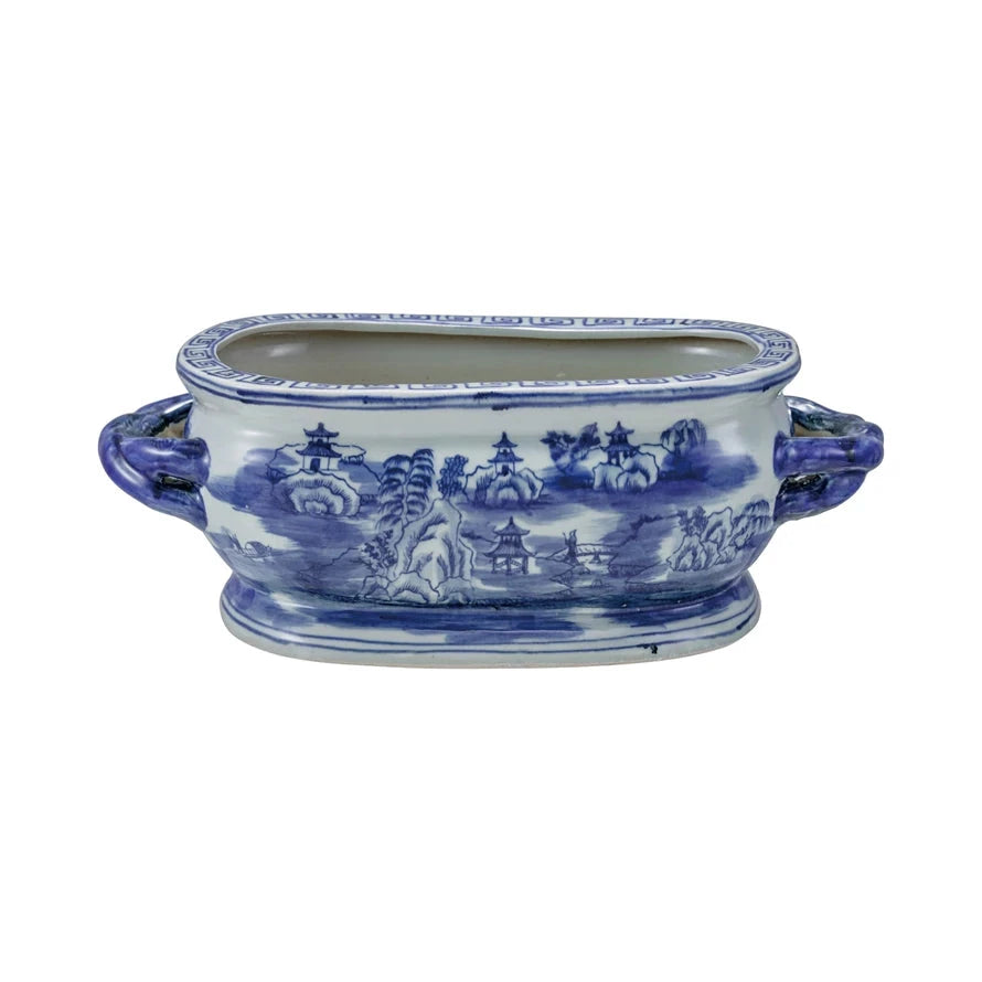 Oval Hand-Painted Stoneware Vintage Planter Planter Creative Co-Op 