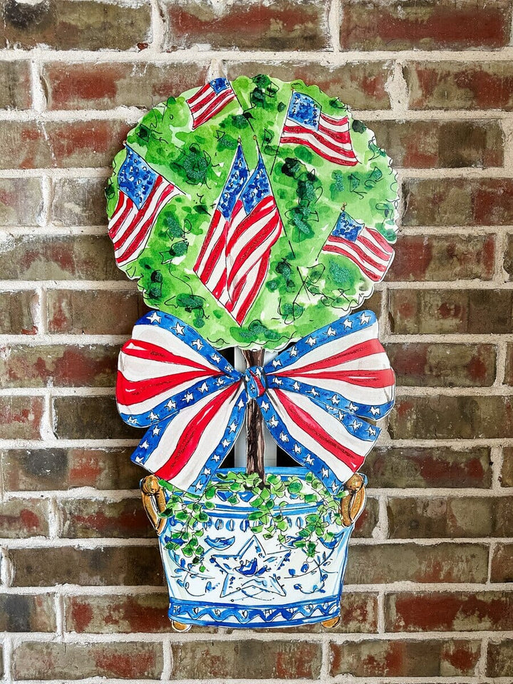 Patriotic Flag Topiary in Pot Stake Door Hanger Round Top Collection 